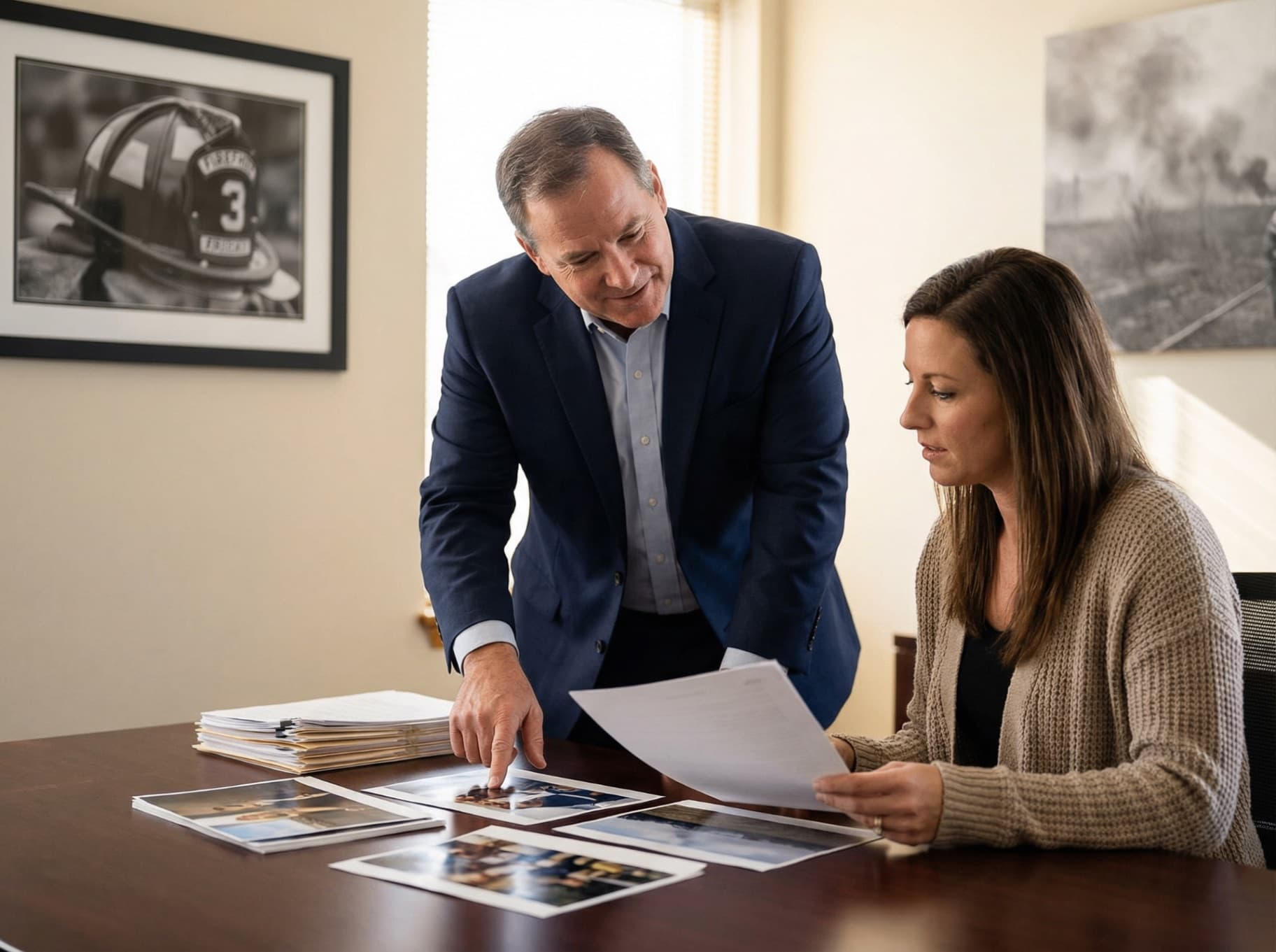 Florida burn injury attorney compassionately consulting with fire accident victim in office