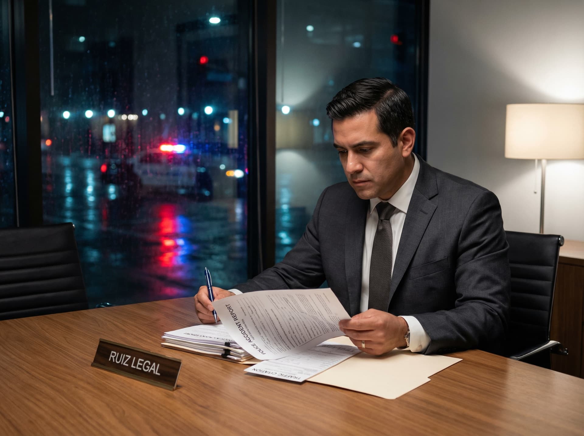 Florida DUI drunk driving accident attorney reviewing police accident report with emergency lights visible