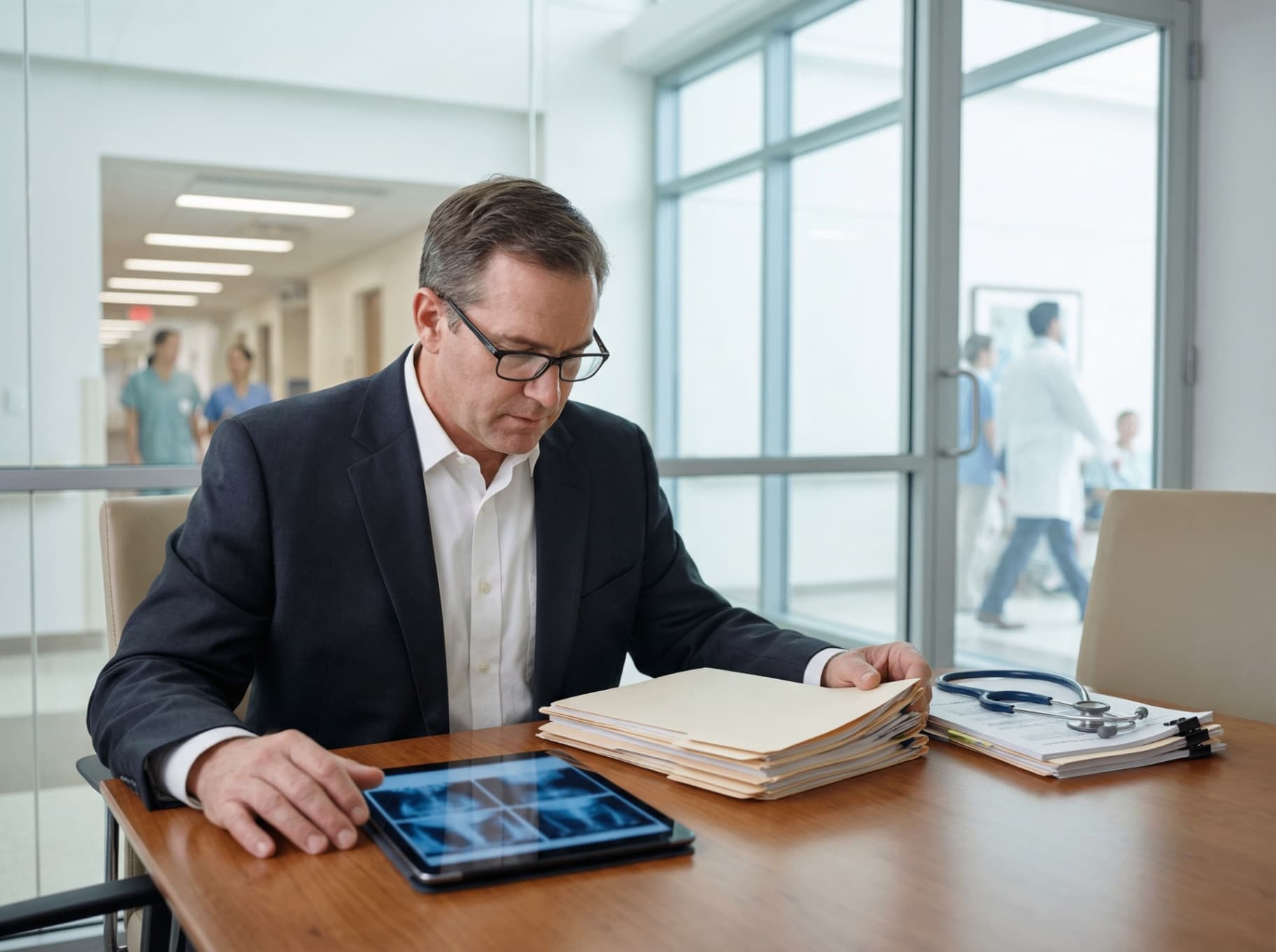 Florida medical malpractice attorney reviewing X-rays and patient records in hospital setting