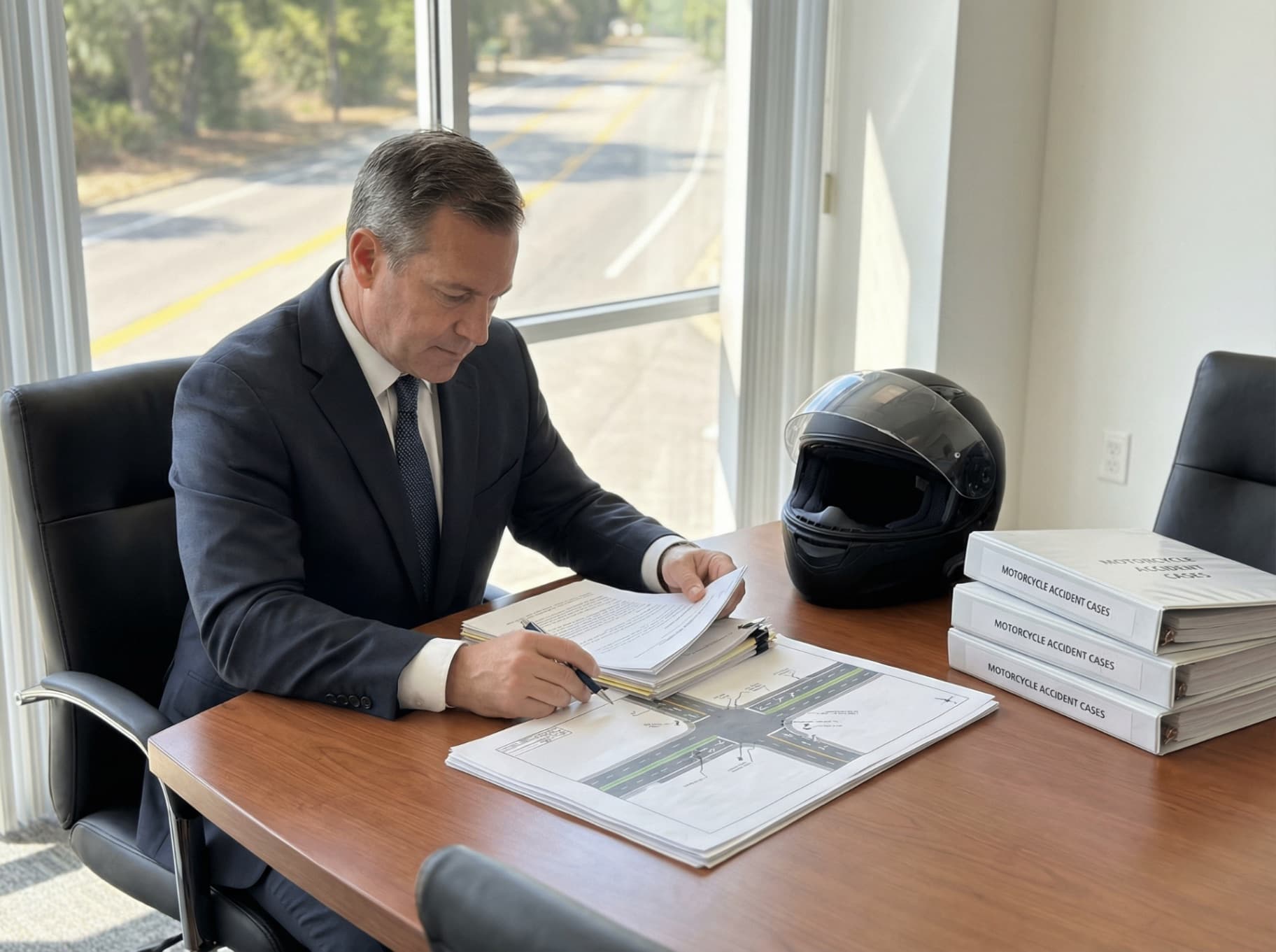 Florida motorcycle accident attorney reviewing intersection diagram and case files with helmet on desk