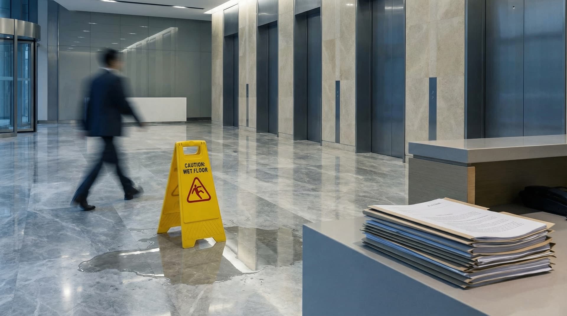 Wet floor caution sign in building lobby - Florida slip and fall premises liability attorney
