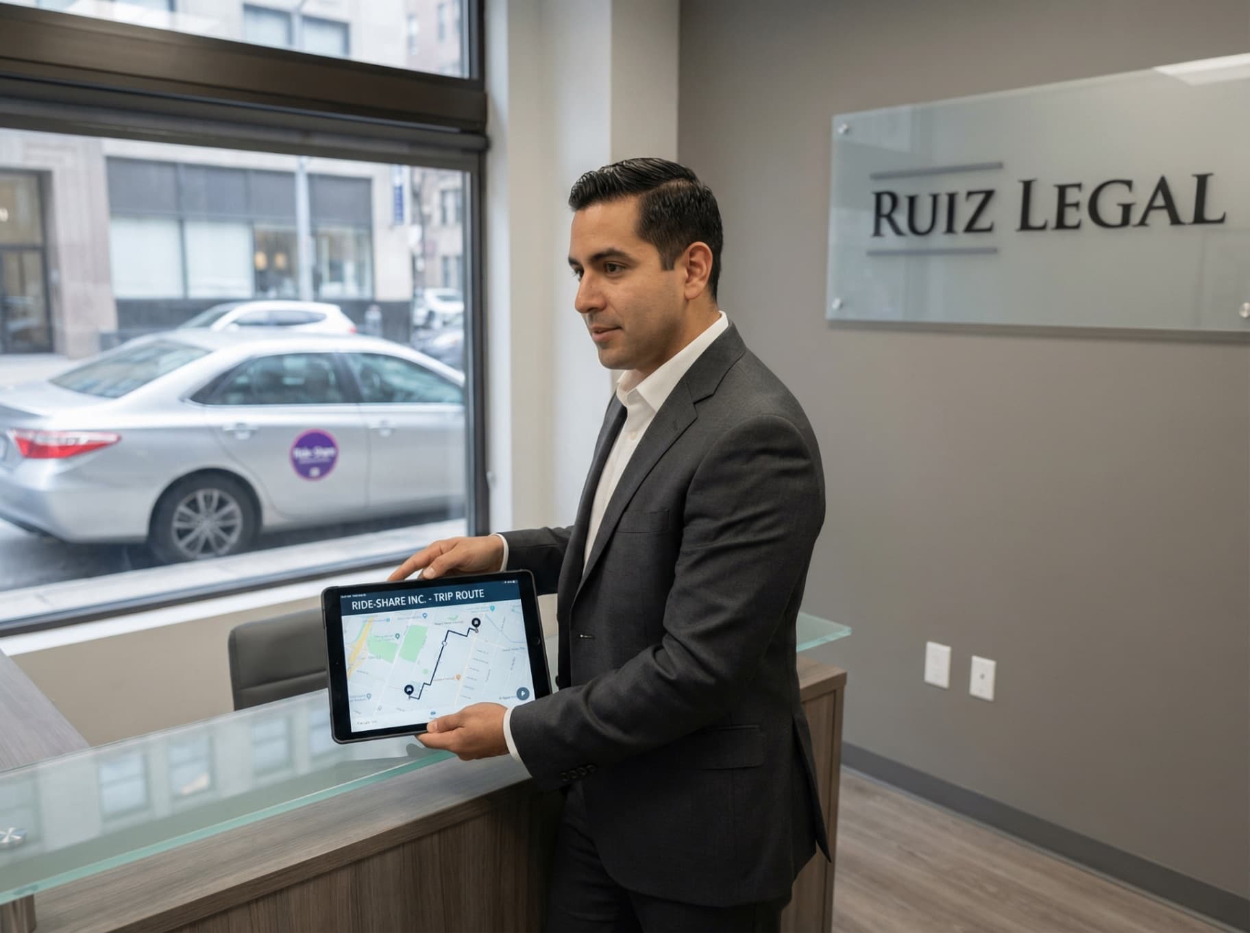 Florida Uber Lyft rideshare accident attorney reviewing trip route data at Ruiz Legal office