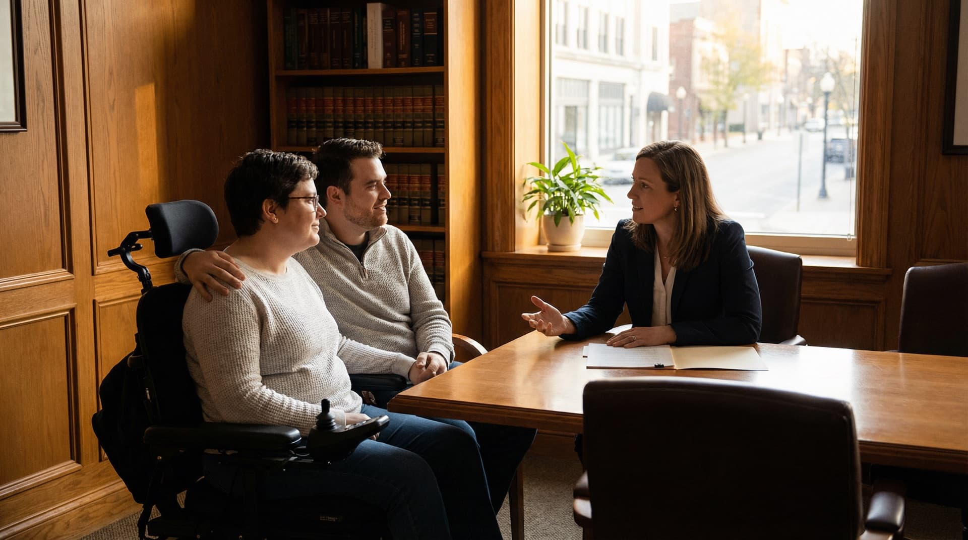 South Florida catastrophic injury attorney providing compassionate consultation to client in wheelchair with family member